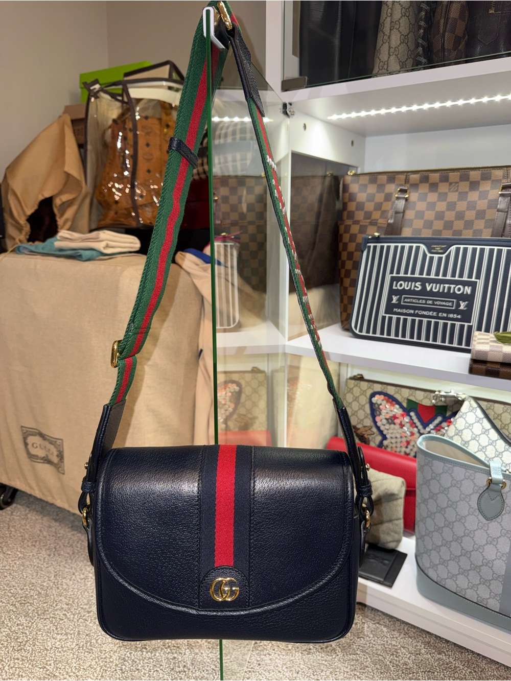 Gucci Navy Leather Crossbody with Red Stripe and Green Strap